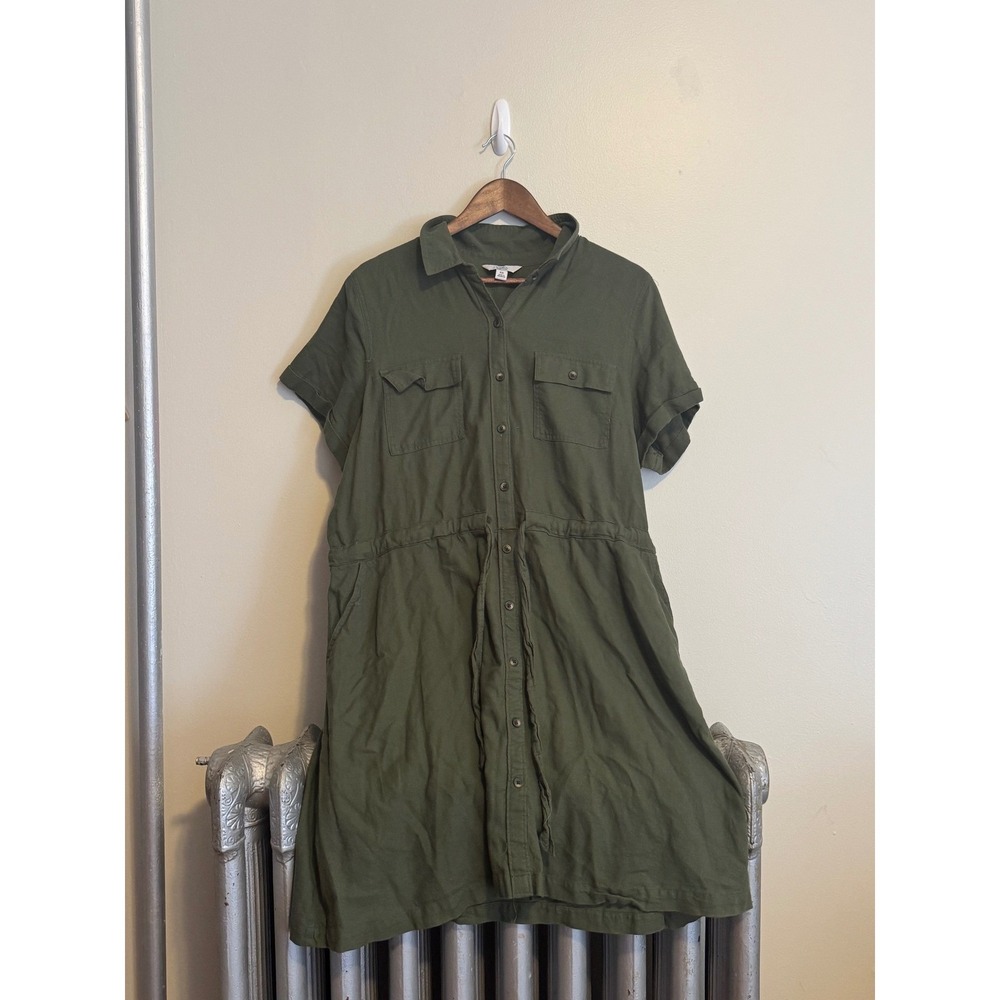 Khaki Green Utility Drawstring Waist Shirt Dress Short Sleeve Collared Plus Size